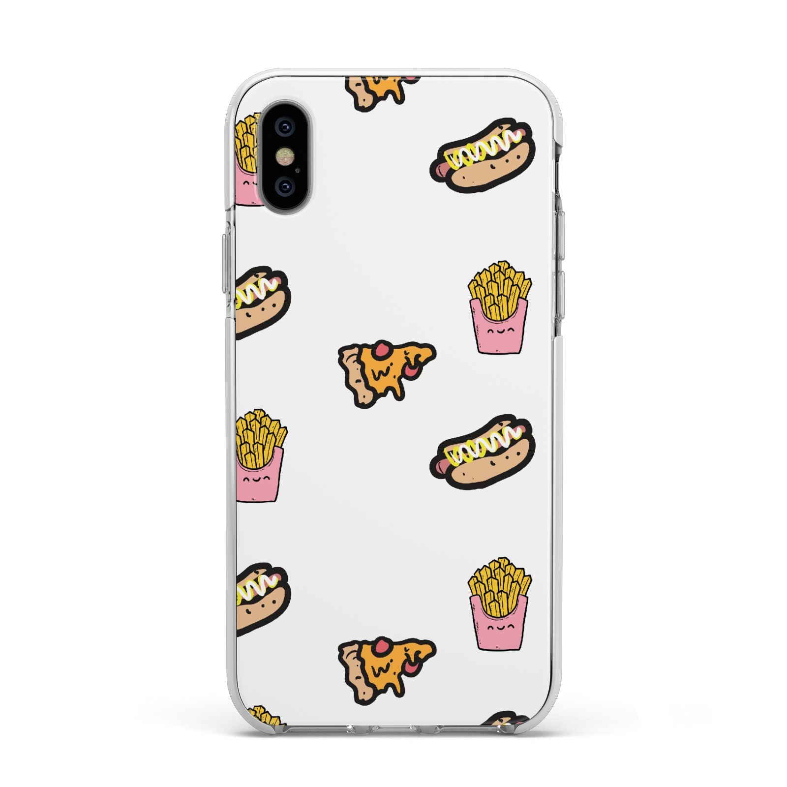 Fries Pizza Hot Dog Apple iPhone Xs Impact Case White Edge on Silver Phone