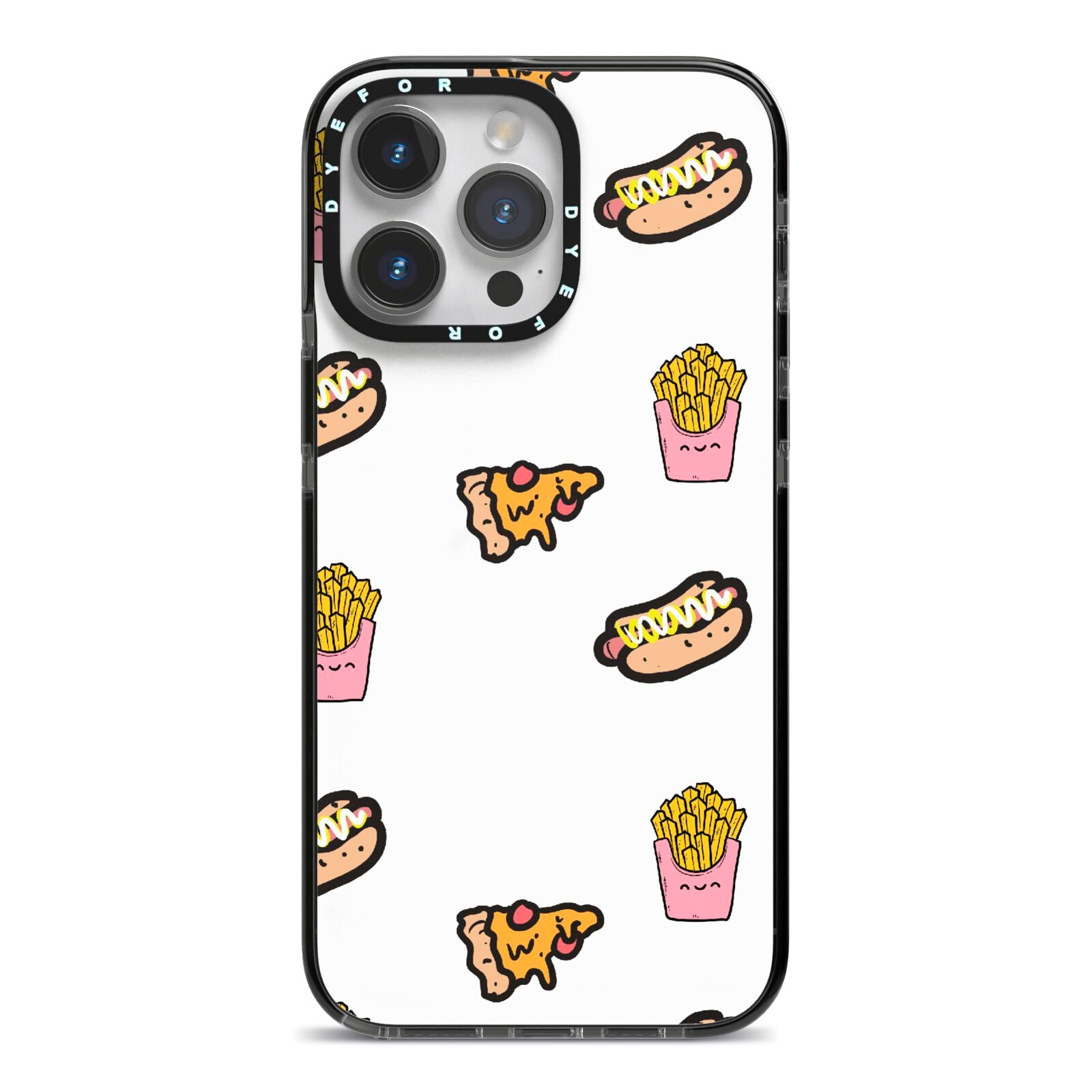 Fries Pizza Hot Dog iPhone 14 Pro Max Black Impact Case on Silver phone