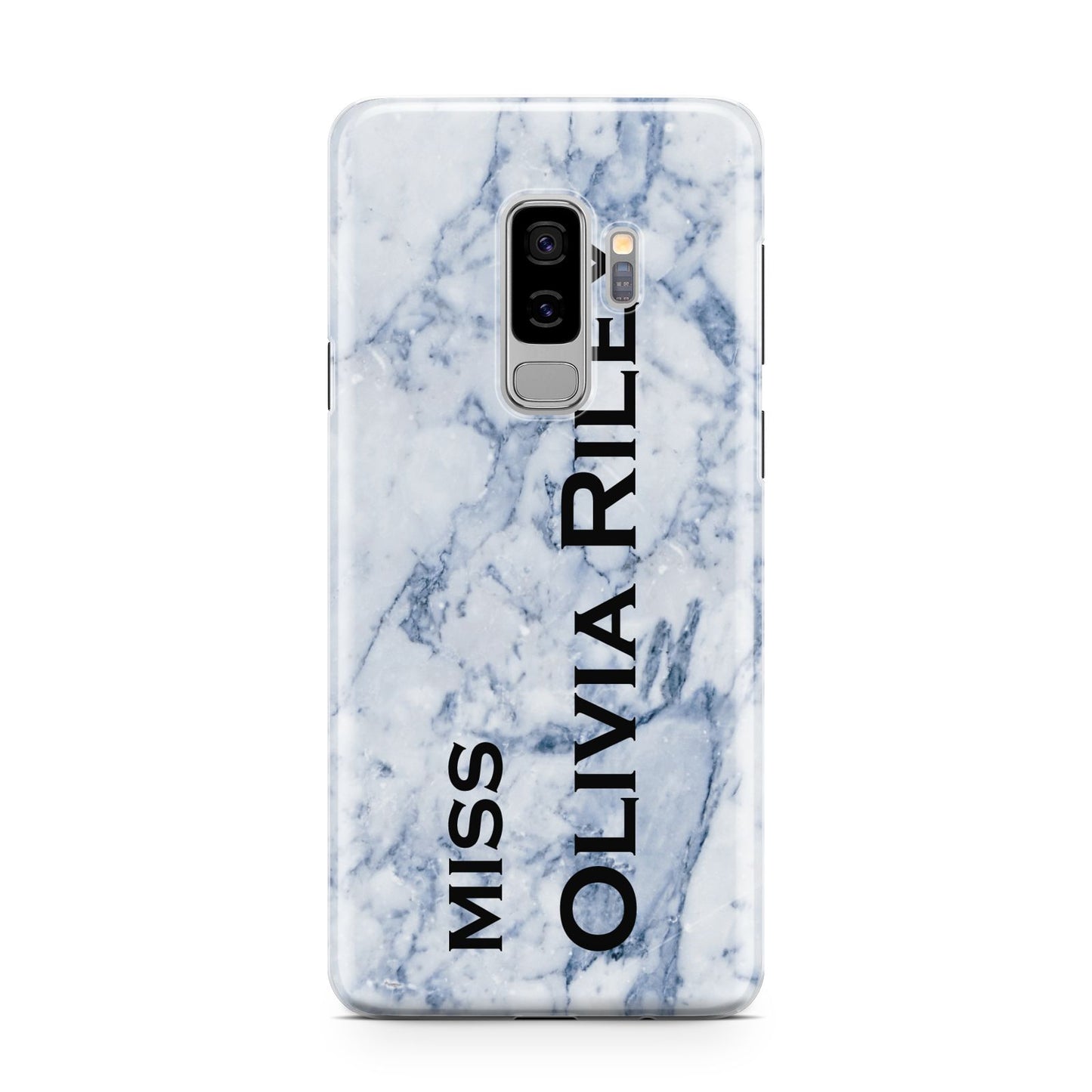 Full Name Grey Marble Samsung Galaxy S9 Plus Case on Silver phone