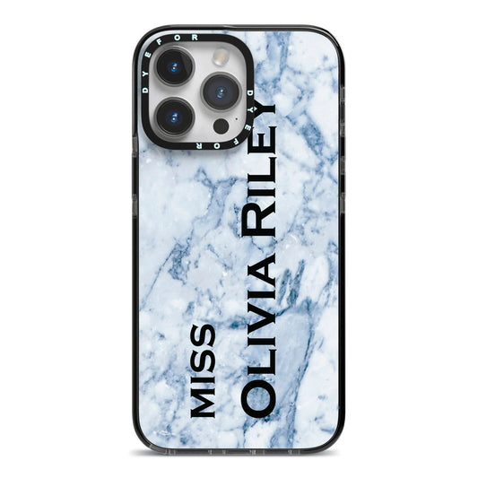 Full Name Grey Marble iPhone 14 Pro Max Black Impact Case on Silver phone