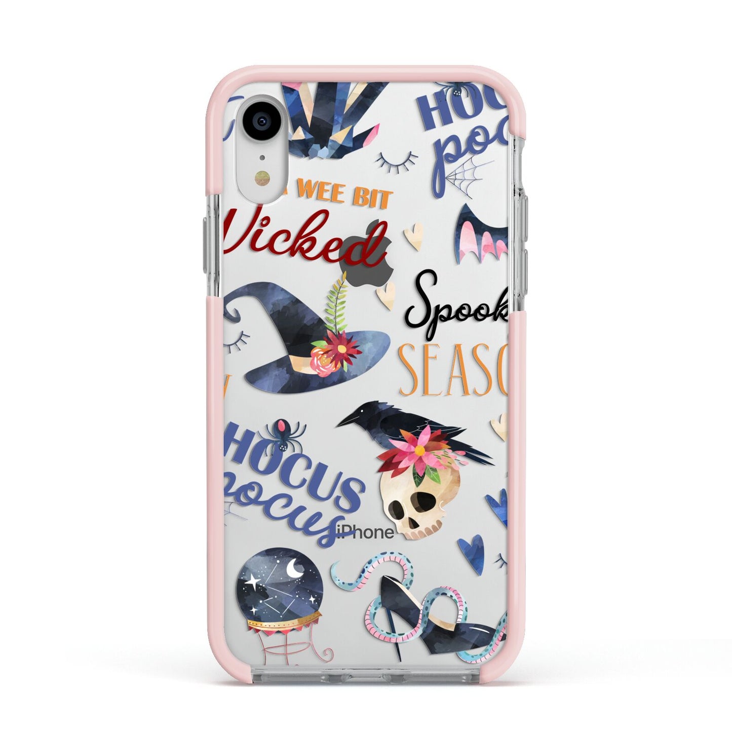 Fun Halloween Catchphrases and Watercolour Illustrations Apple iPhone XR Impact Case Pink Edge on Silver Phone
