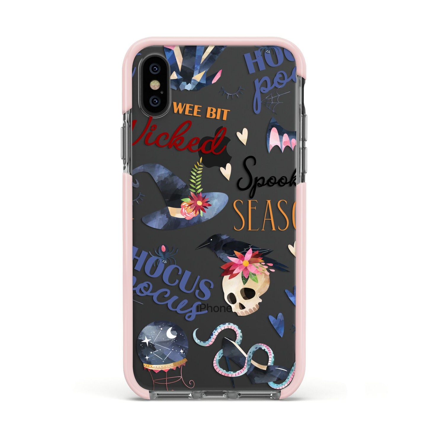 Fun Halloween Catchphrases and Watercolour Illustrations Apple iPhone Xs Impact Case Pink Edge on Black Phone