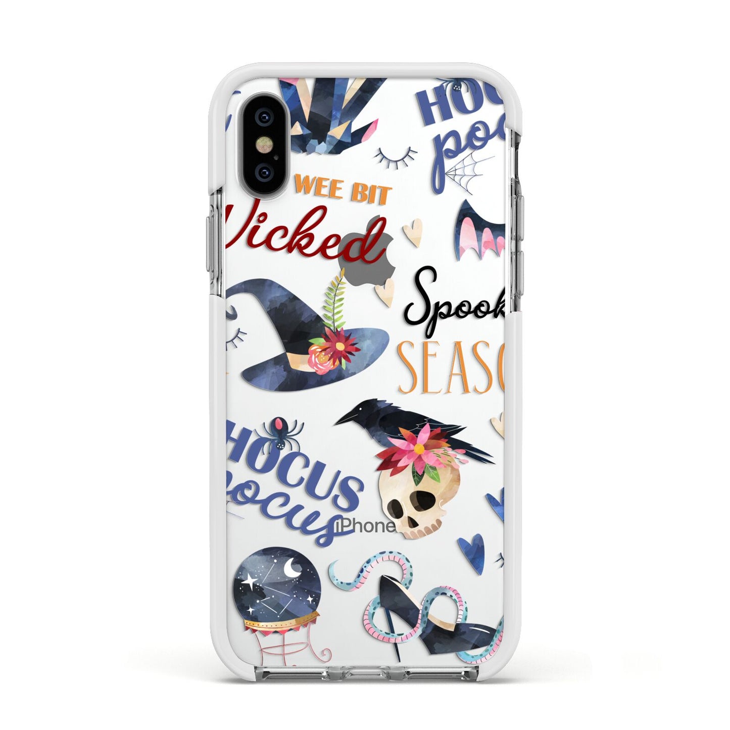 Fun Halloween Catchphrases and Watercolour Illustrations Apple iPhone Xs Impact Case White Edge on Silver Phone