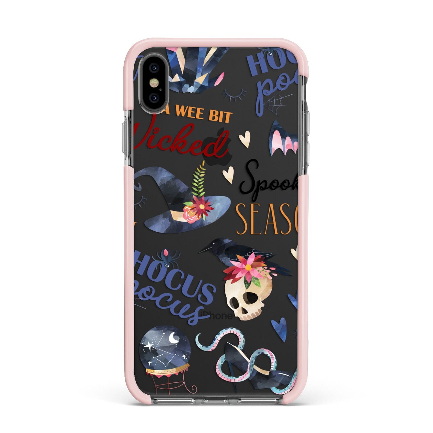 Fun Halloween Catchphrases and Watercolour Illustrations Apple iPhone Xs Max Impact Case Pink Edge on Black Phone