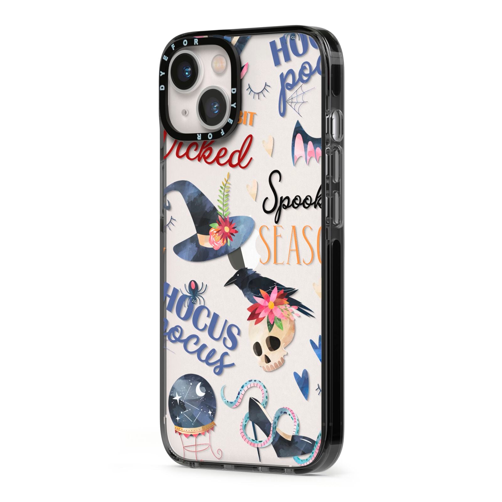 Fun Halloween Catchphrases and Watercolour Illustrations iPhone 13 Black Impact Case Side Angle on Silver phone