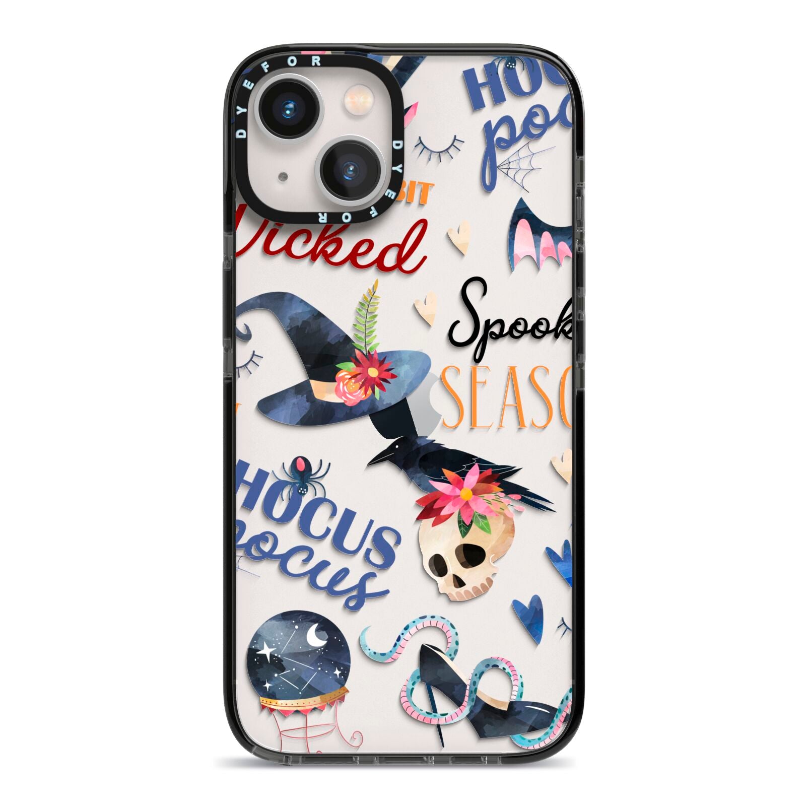 Fun Halloween Catchphrases and Watercolour Illustrations iPhone 13 Black Impact Case on Silver phone