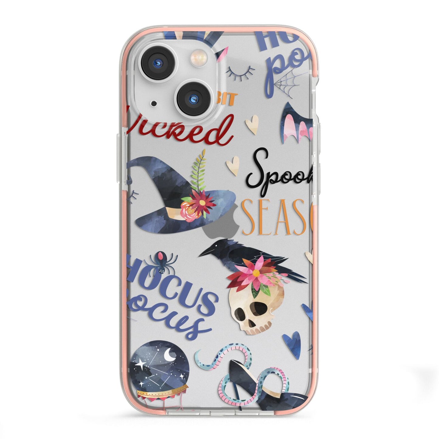 Fun Halloween Catchphrases and Watercolour Illustrations iPhone 13 Mini TPU Impact Case with Pink Edges