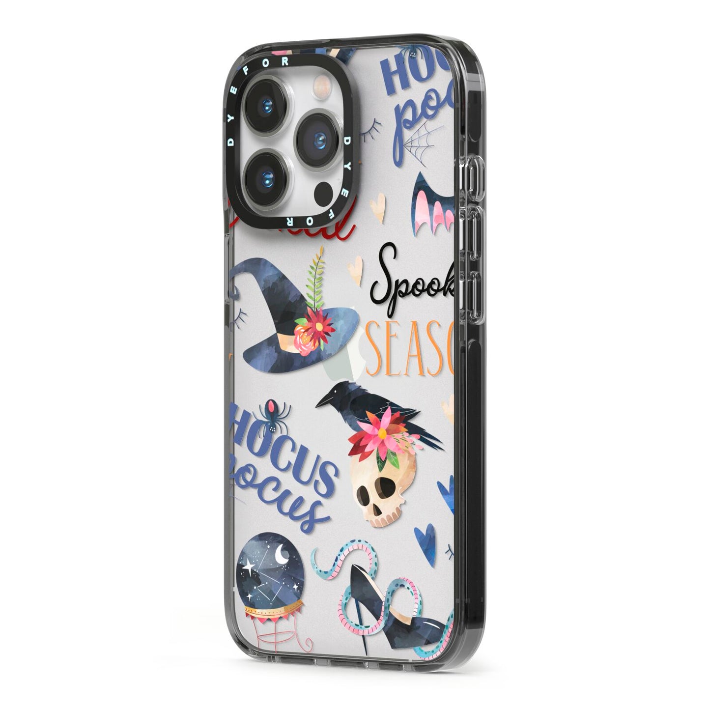 Fun Halloween Catchphrases and Watercolour Illustrations iPhone 13 Pro Black Impact Case Side Angle on Silver phone