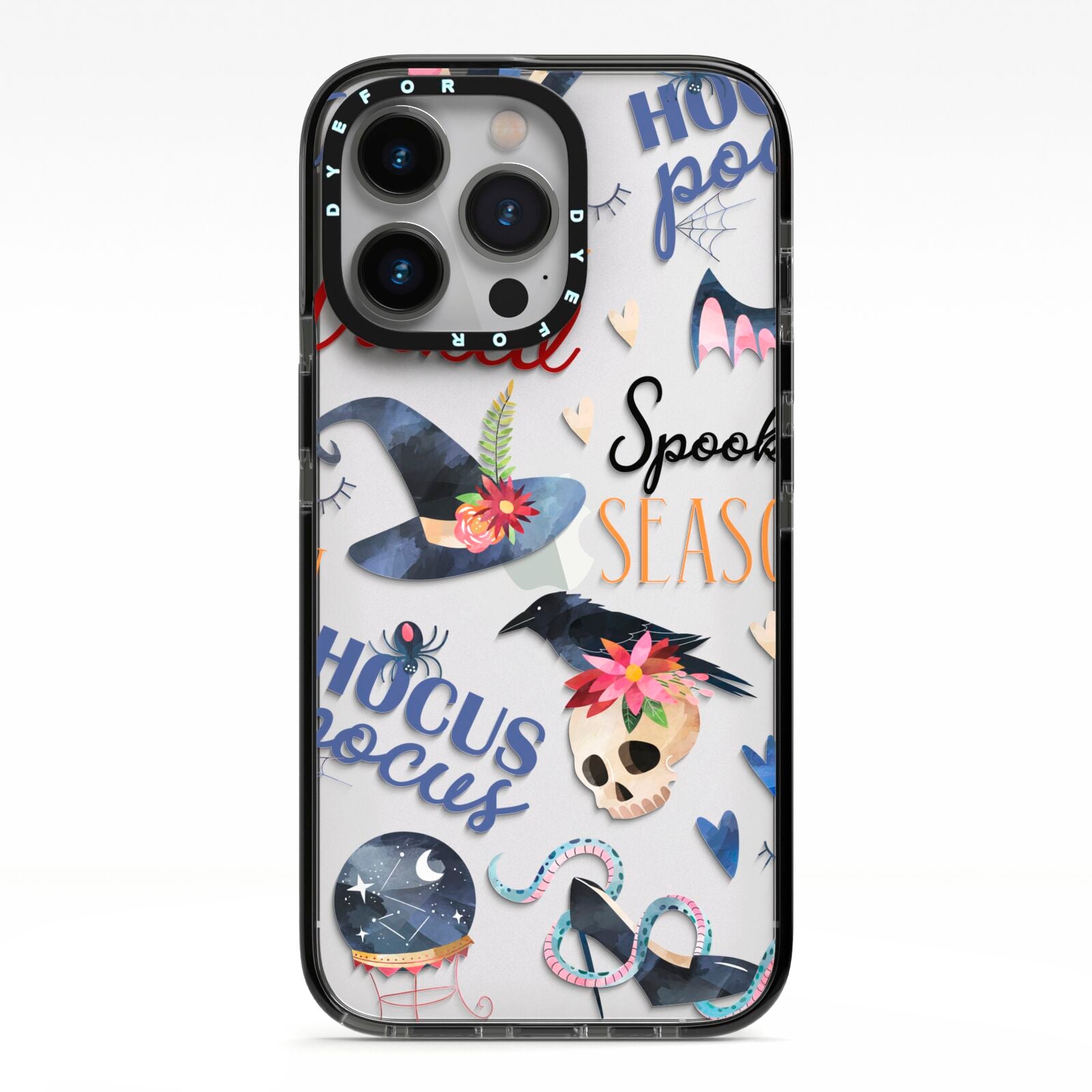 Fun Halloween Catchphrases and Watercolour Illustrations iPhone 13 Pro Black Impact Case on Silver phone