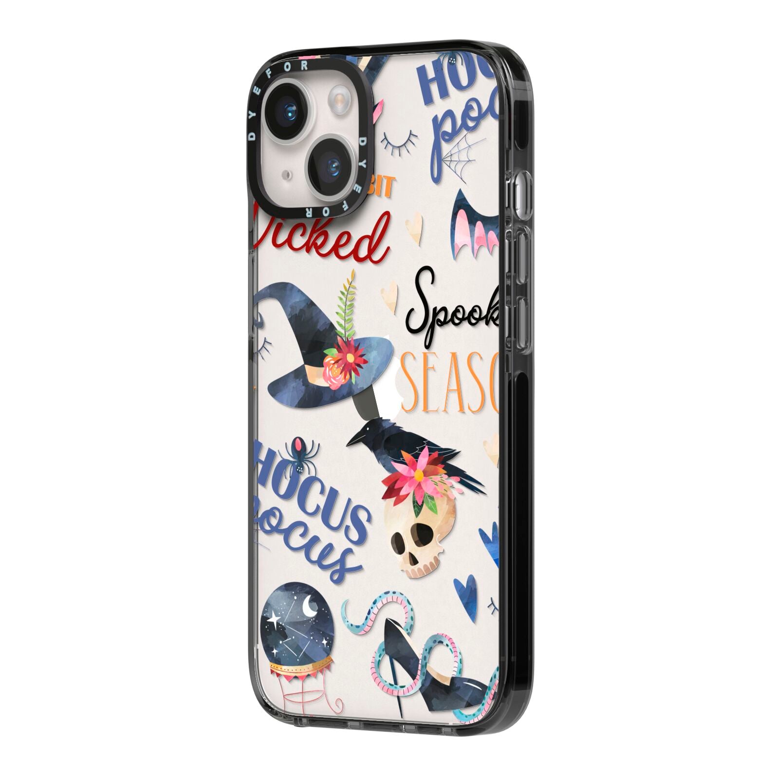 Fun Halloween Catchphrases and Watercolour Illustrations iPhone 14 Black Impact Case Side Angle on Silver phone