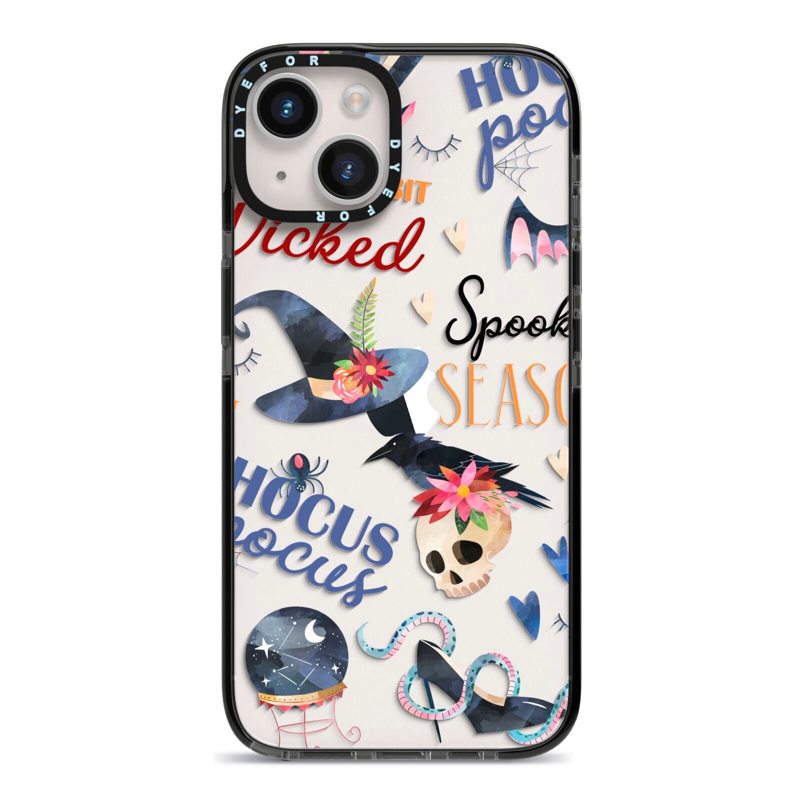 Fun Halloween Catchphrases and Watercolour Illustrations iPhone 14 Black Impact Case on Silver phone