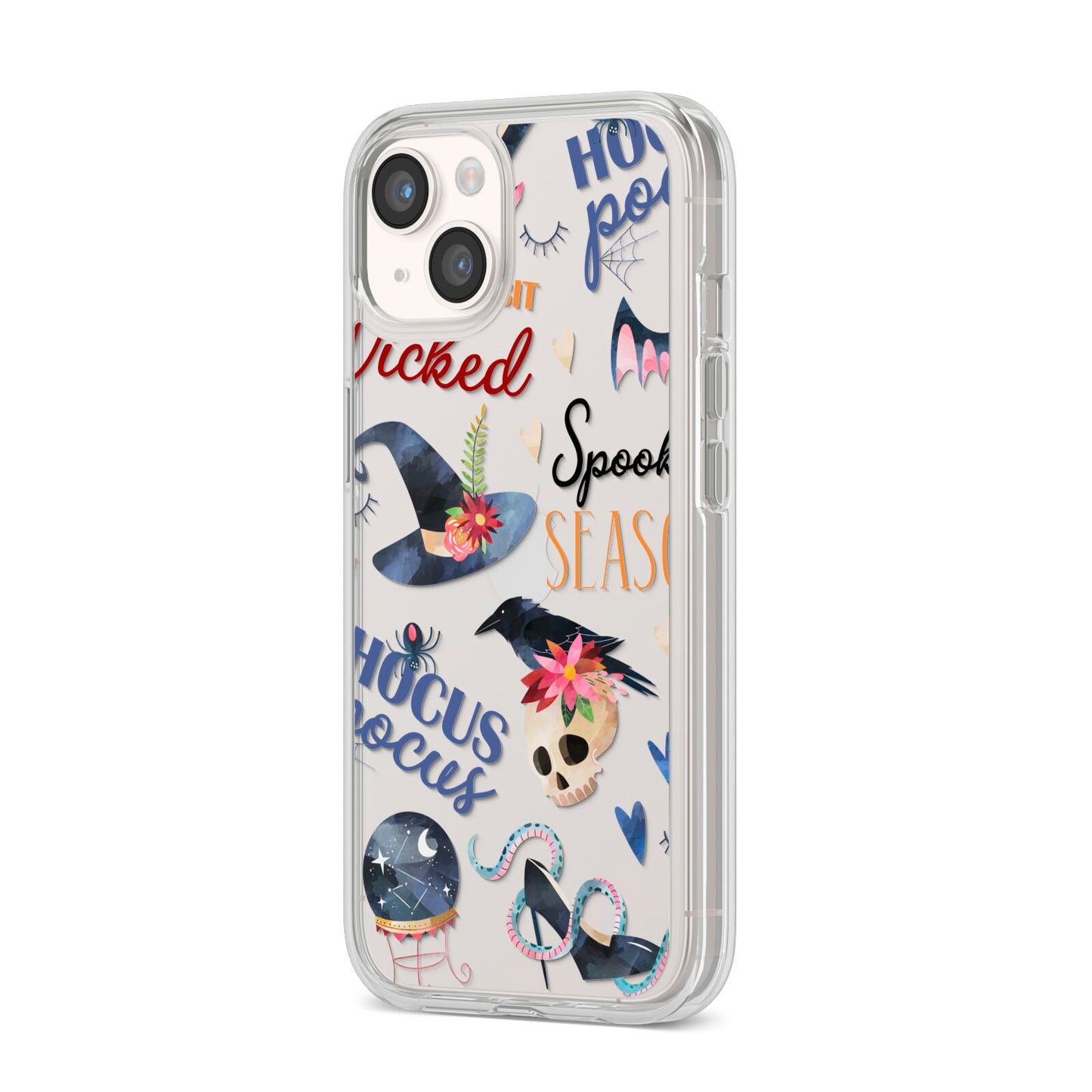 Fun Halloween Catchphrases and Watercolour Illustrations iPhone 14 Clear Tough Case Starlight Angled Image