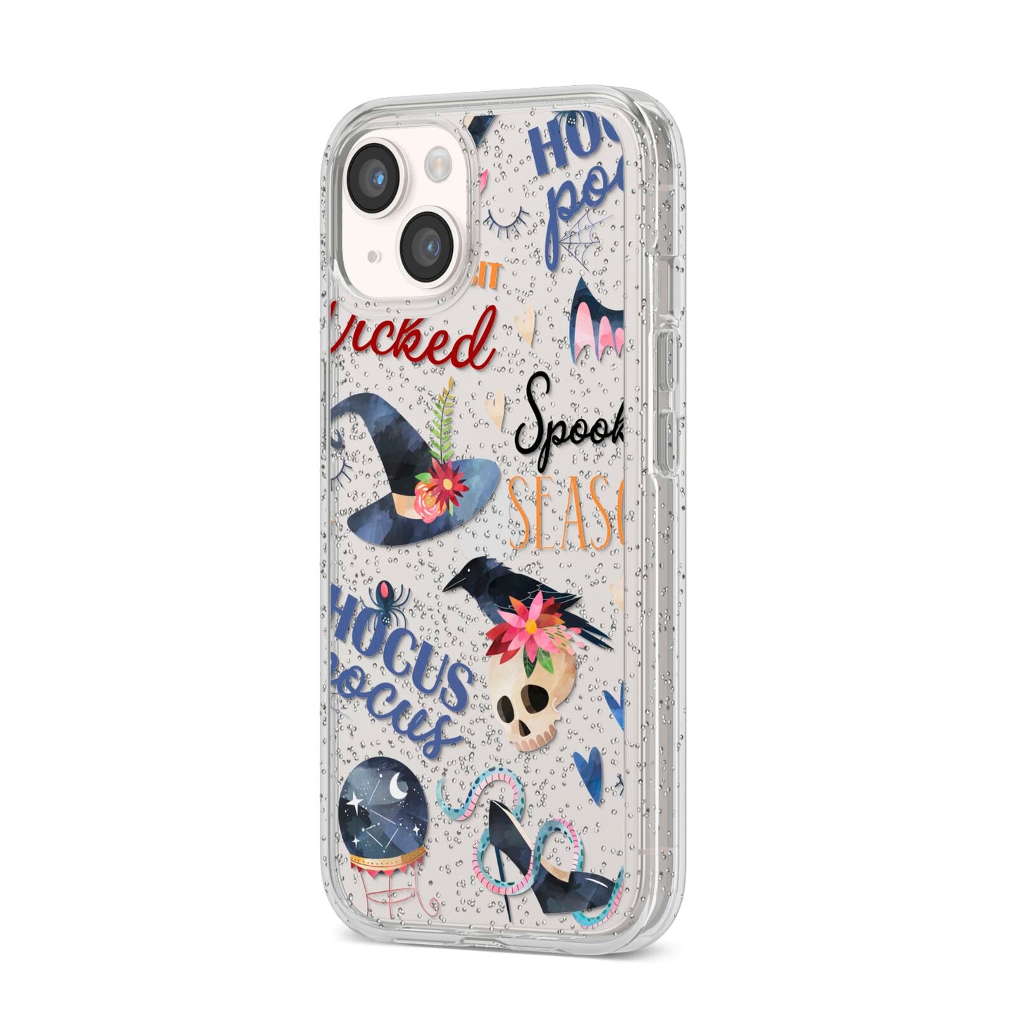 Fun Halloween Catchphrases and Watercolour Illustrations iPhone 14 Glitter Tough Case Starlight Angled Image