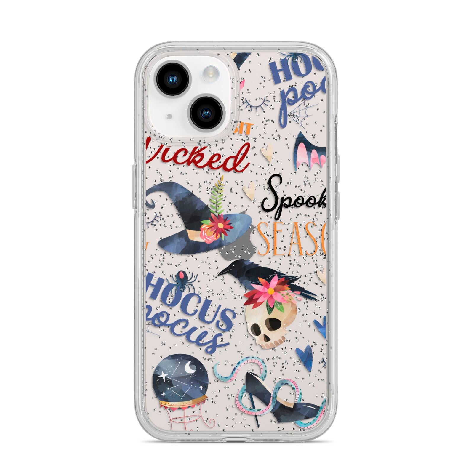 Fun Halloween Catchphrases and Watercolour Illustrations iPhone 14 Glitter Tough Case Starlight