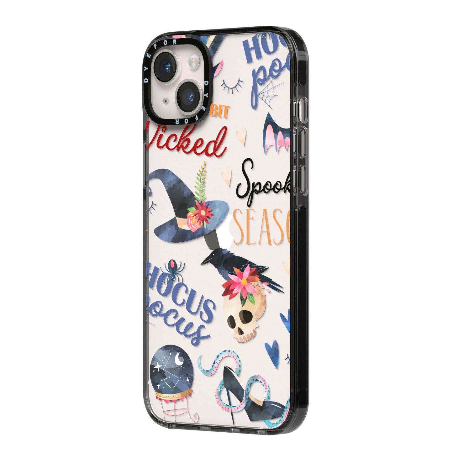 Fun Halloween Catchphrases and Watercolour Illustrations iPhone 14 Plus Black Impact Case Side Angle on Silver phone