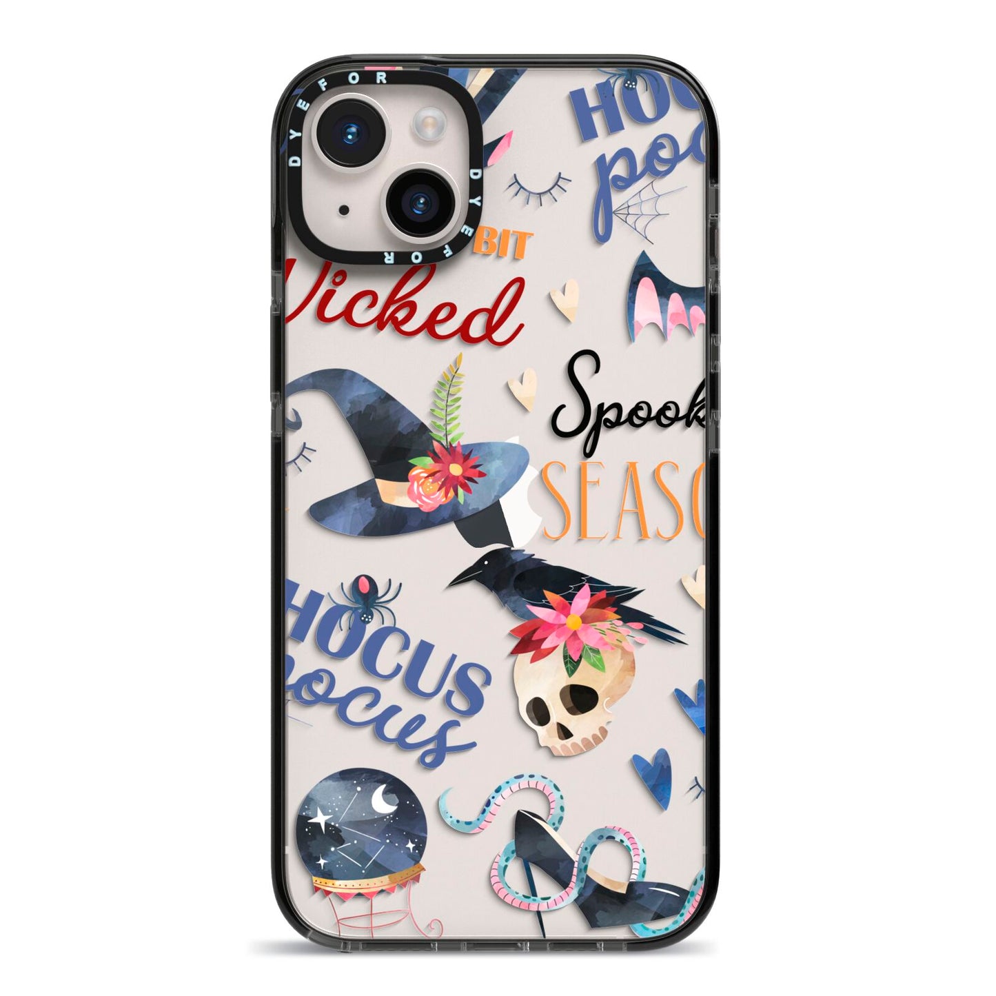 Fun Halloween Catchphrases and Watercolour Illustrations iPhone 14 Plus Black Impact Case on Silver phone