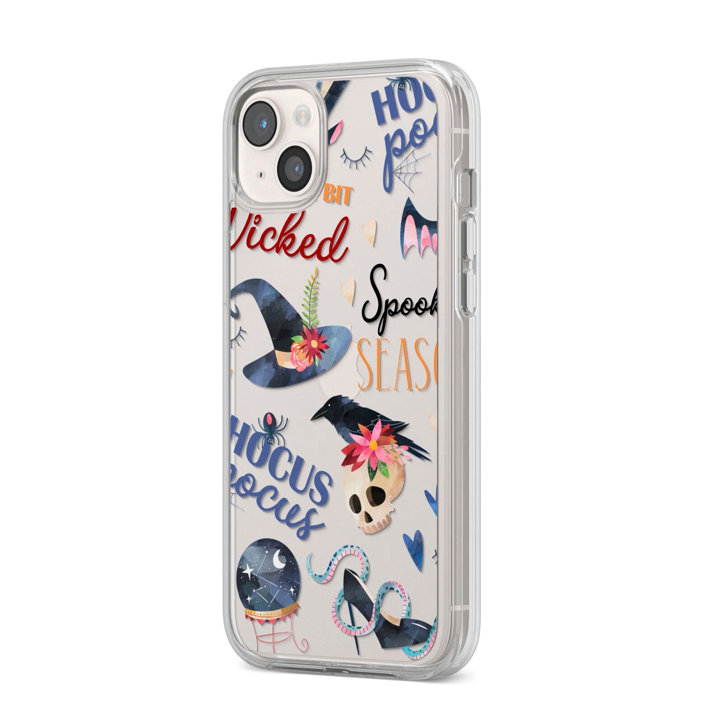 Fun Halloween Catchphrases and Watercolour Illustrations iPhone 14 Plus Clear Tough Case Starlight Angled Image