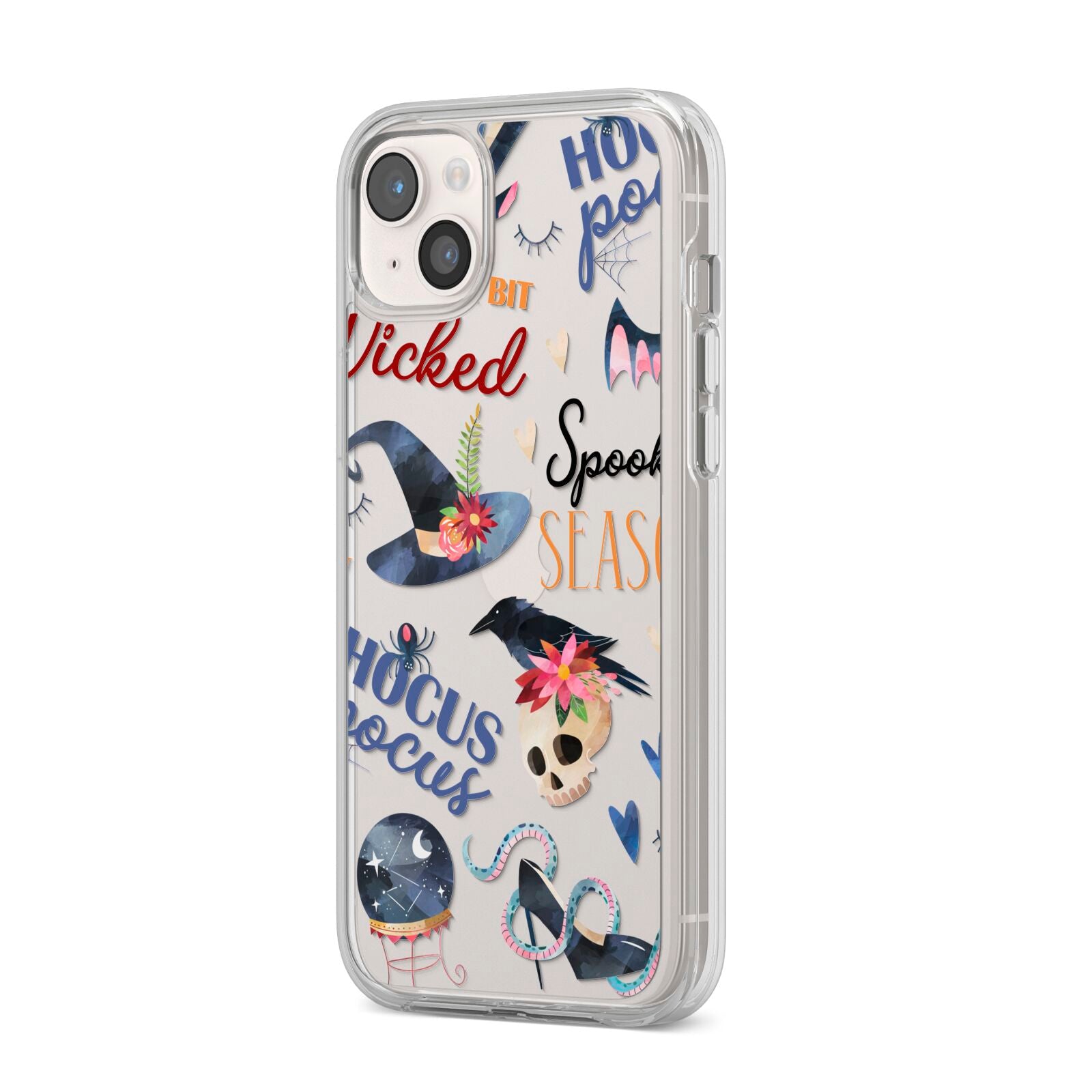 Fun Halloween Catchphrases and Watercolour Illustrations iPhone 14 Plus Clear Tough Case Starlight Angled Image