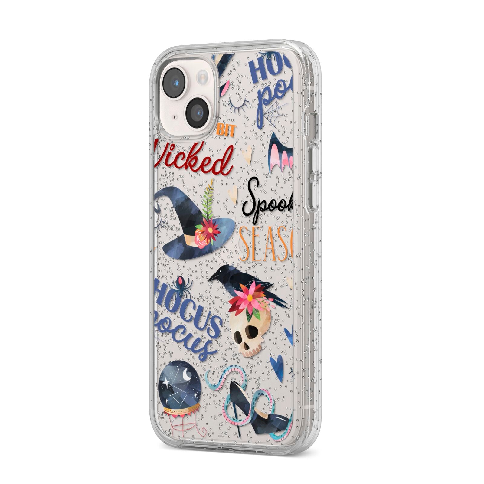 Fun Halloween Catchphrases and Watercolour Illustrations iPhone 14 Plus Glitter Tough Case Starlight Angled Image