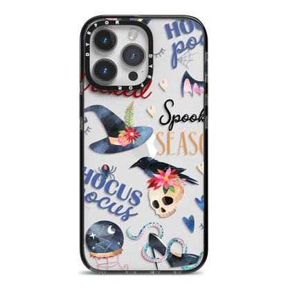 Fun Halloween Catchphrases and Watercolour Illustrations iPhone 14 Pro Max Black Impact Case on Silver phone