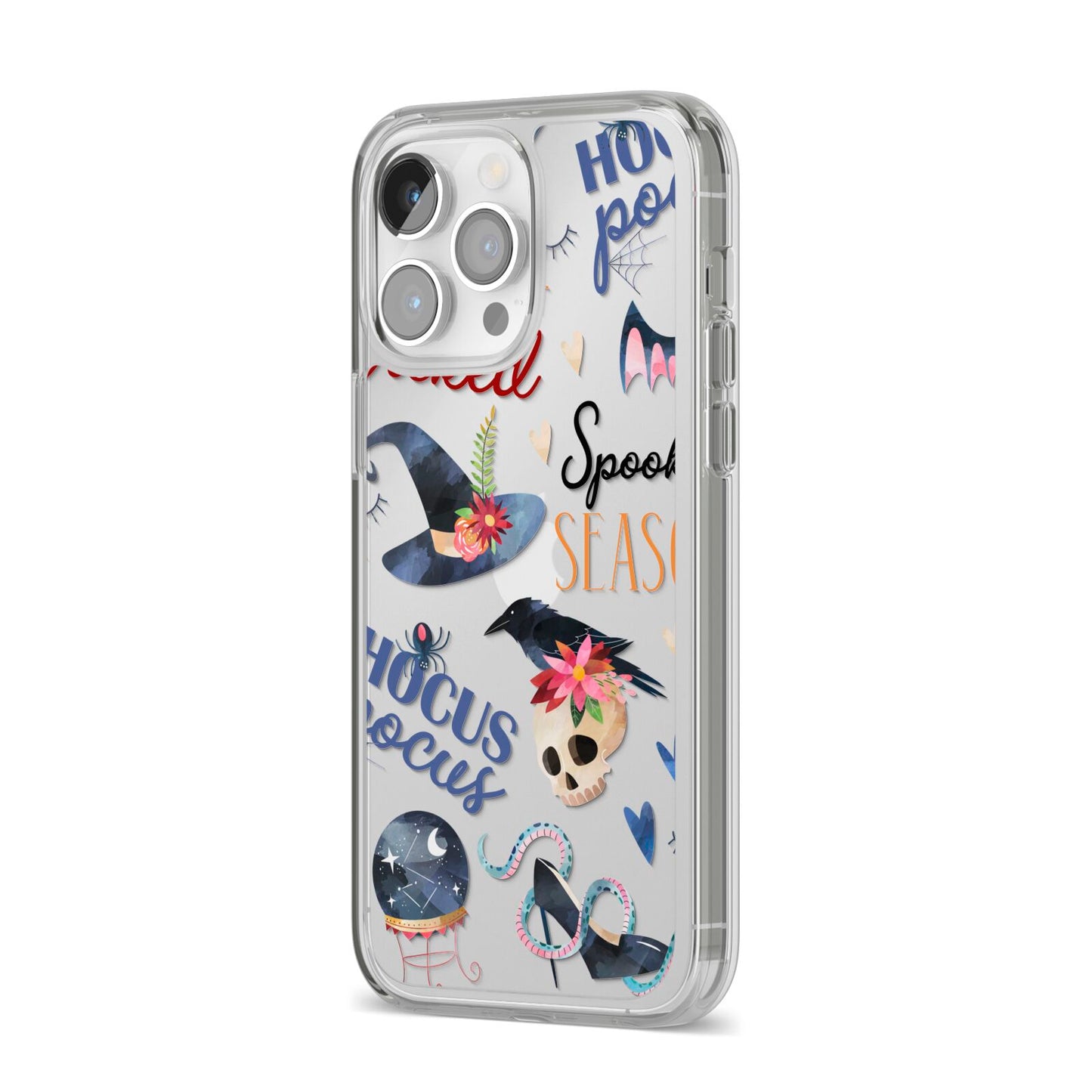 Fun Halloween Catchphrases and Watercolour Illustrations iPhone 14 Pro Max Clear Tough Case Silver Angled Image