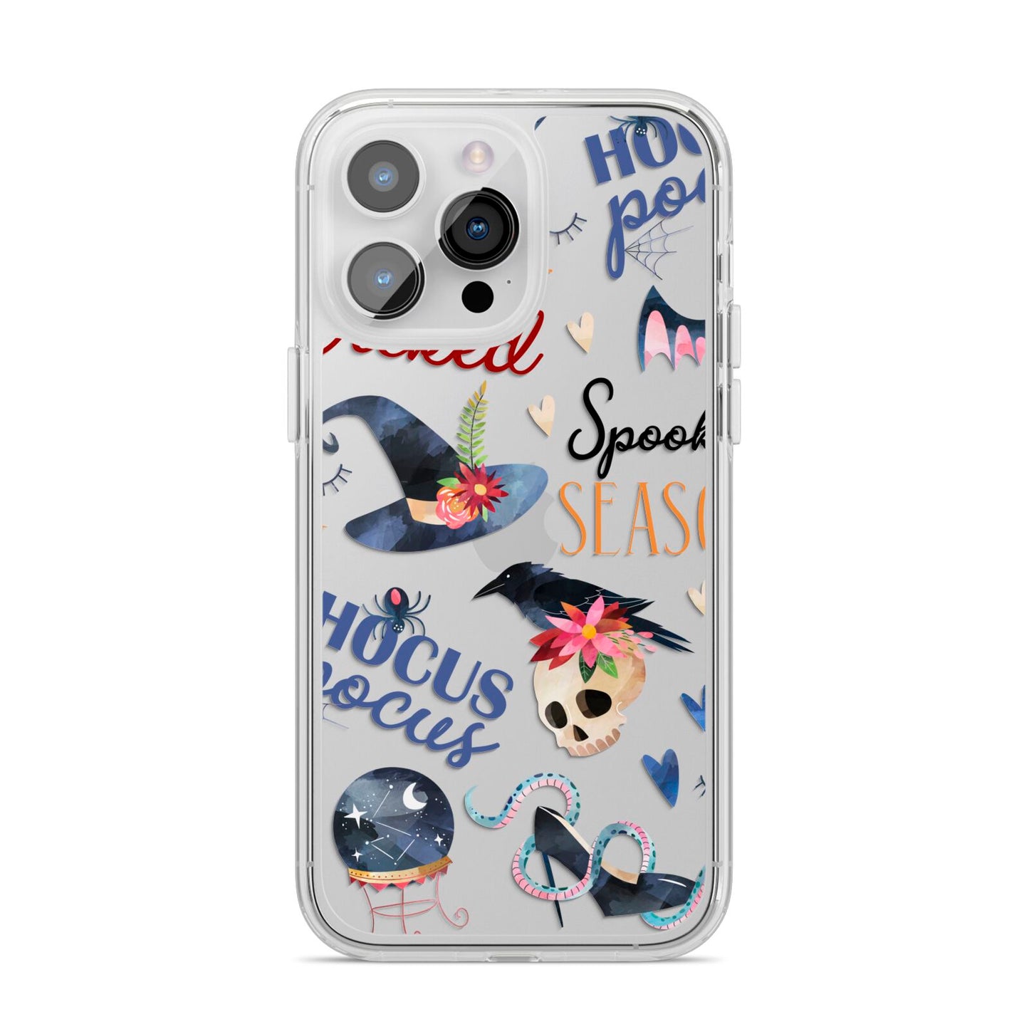 Fun Halloween Catchphrases and Watercolour Illustrations iPhone 14 Pro Max Clear Tough Case Silver