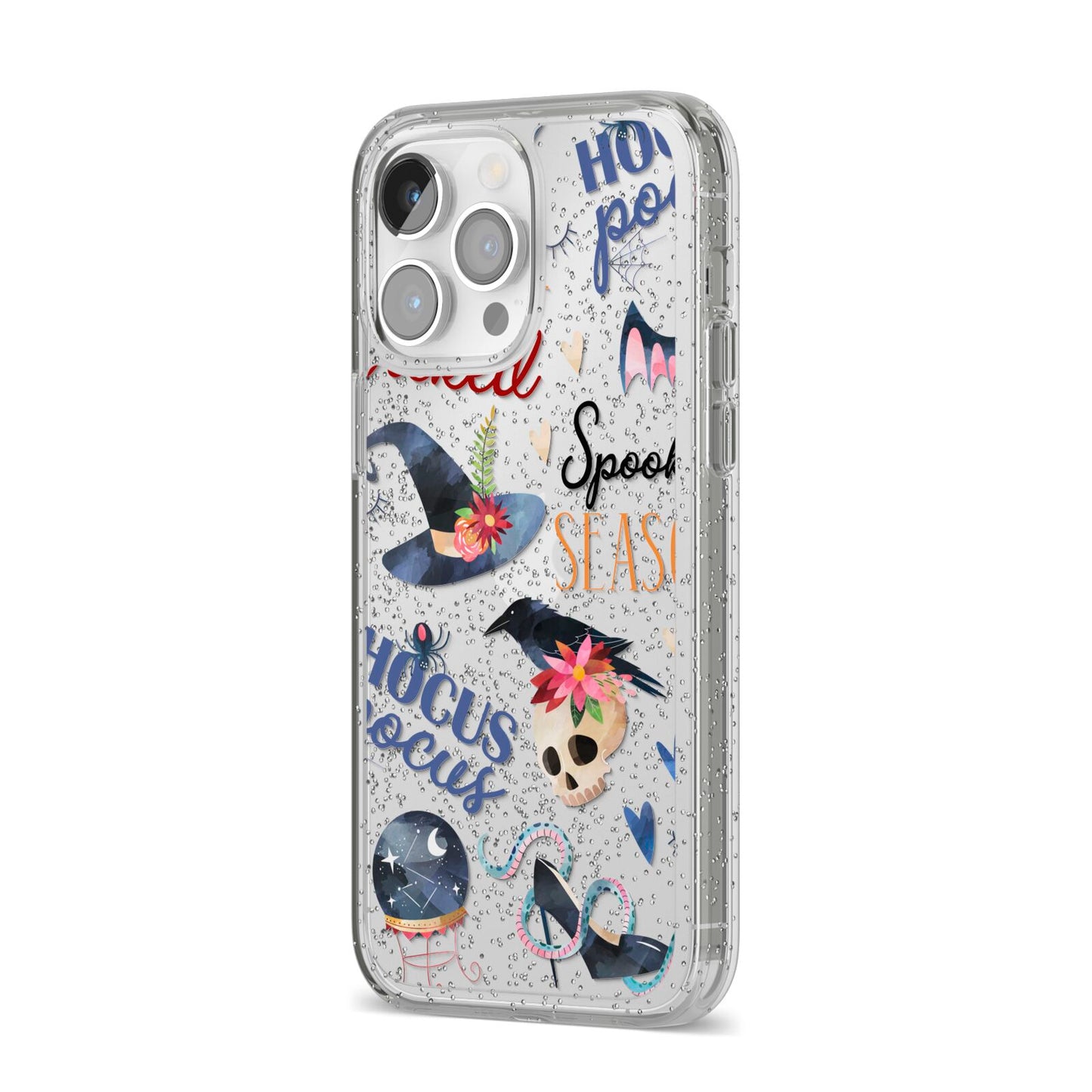 Fun Halloween Catchphrases and Watercolour Illustrations iPhone 14 Pro Max Glitter Tough Case Silver Angled Image