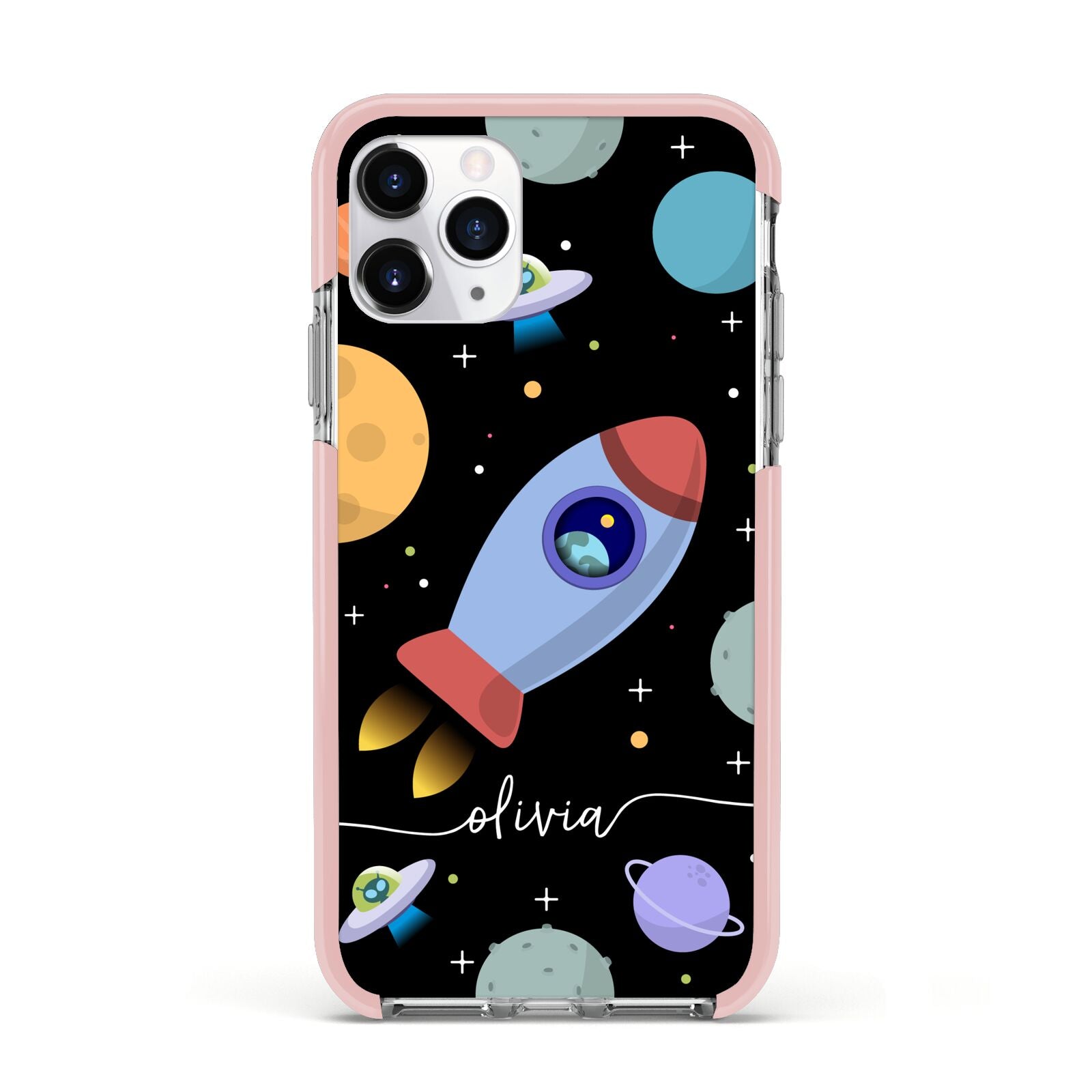 Fun Space Scene Artwork with Name Apple iPhone 11 Pro in Silver with Pink Impact Case
