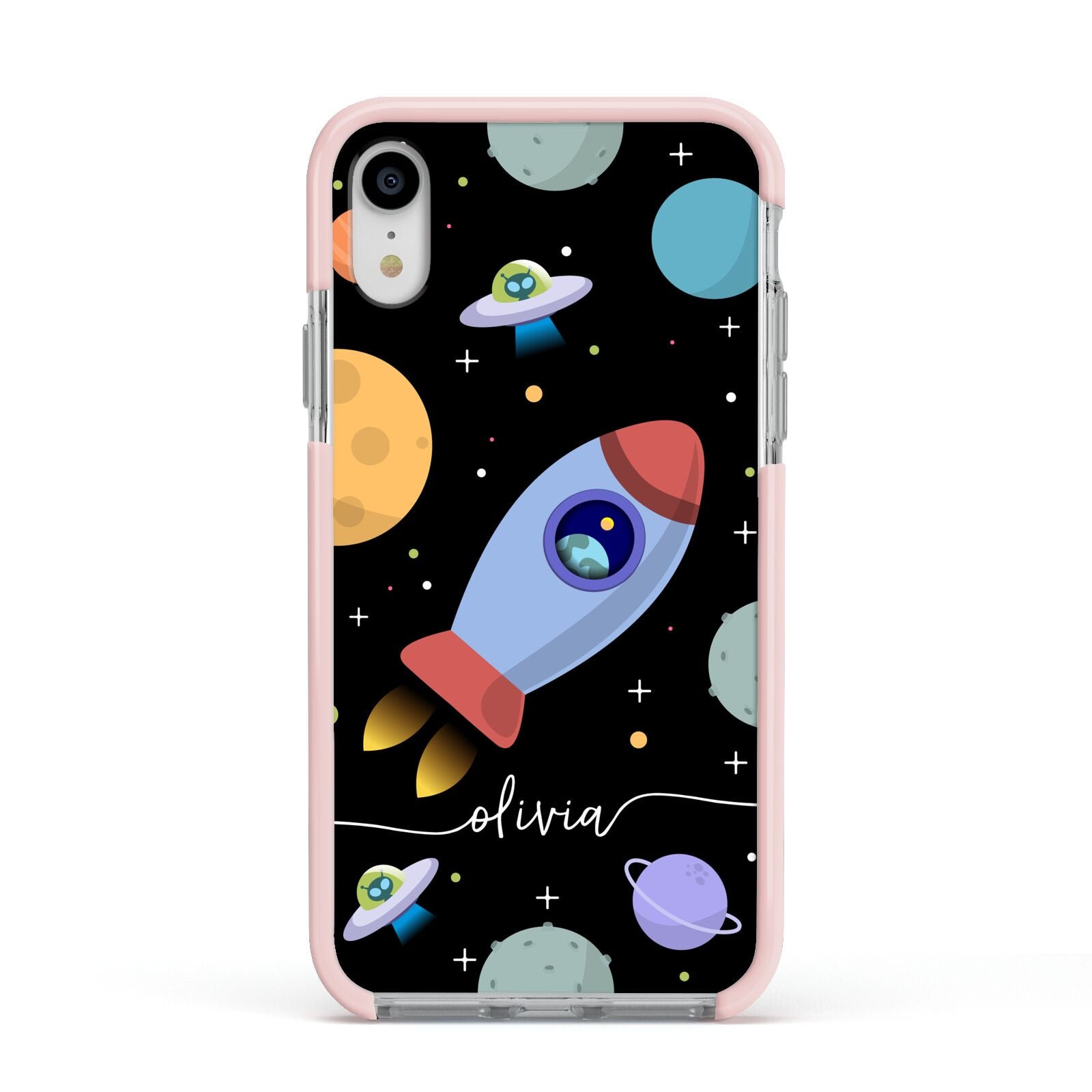 Fun Space Scene Artwork with Name Apple iPhone XR Impact Case Pink Edge on Silver Phone