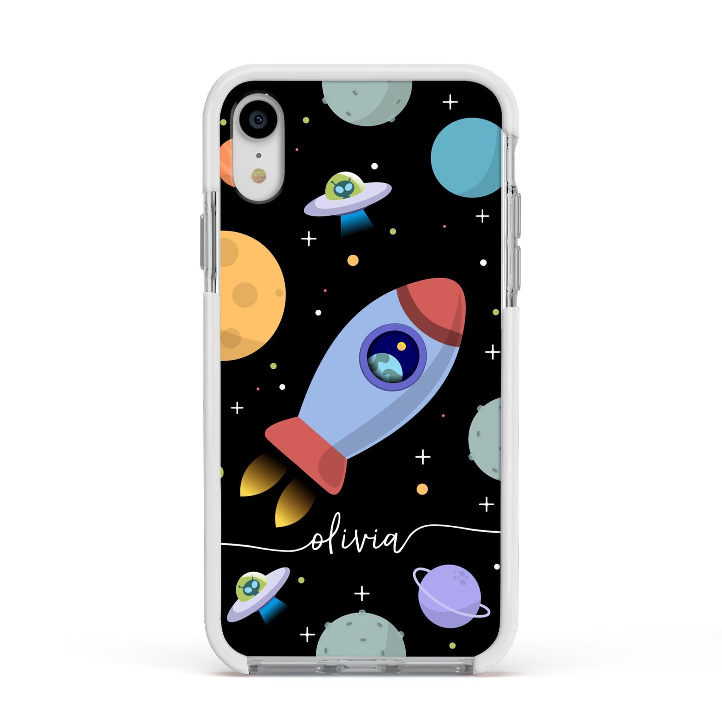Fun Space Scene Artwork with Name Apple iPhone XR Impact Case White Edge on Silver Phone
