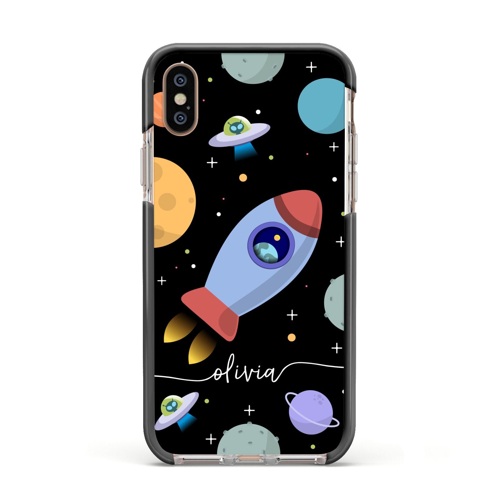 Fun Space Scene Artwork with Name Apple iPhone Xs Impact Case Black Edge on Gold Phone