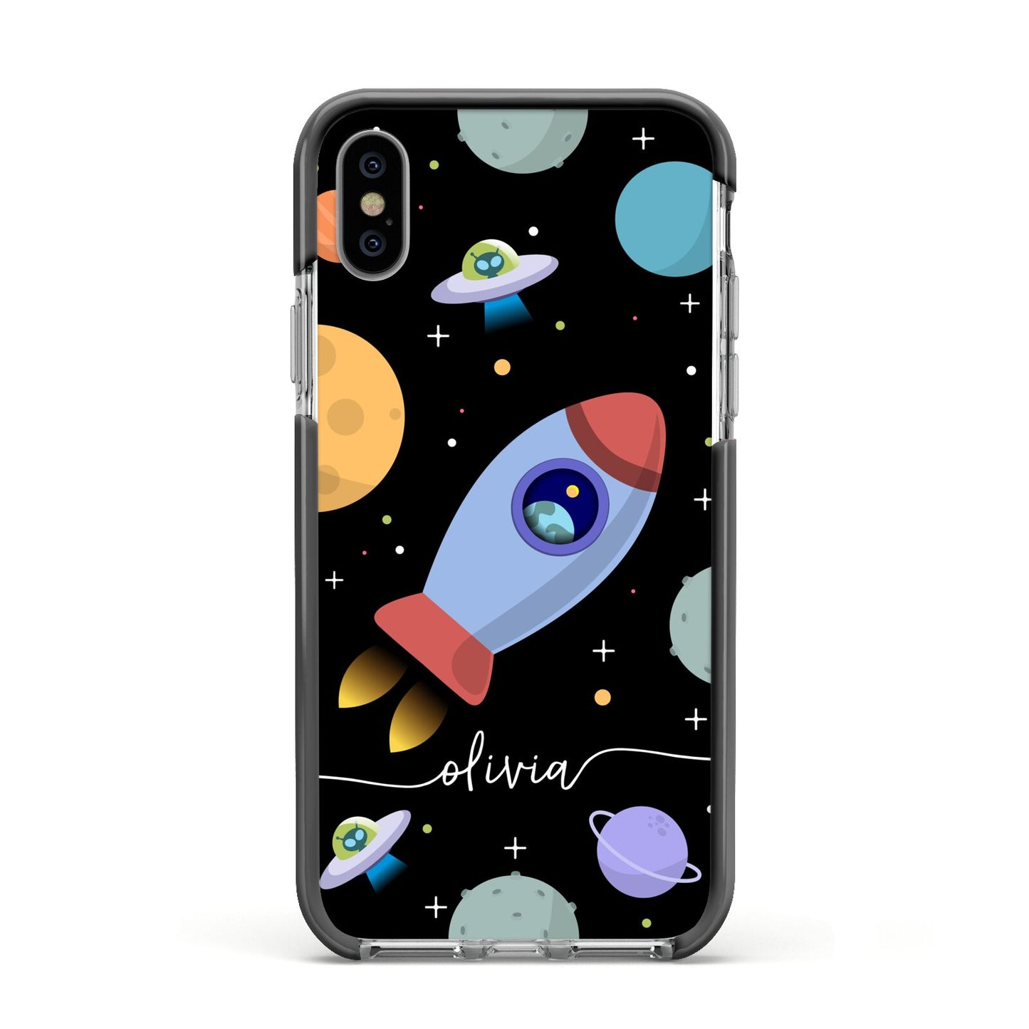 Fun Space Scene Artwork with Name Apple iPhone Xs Impact Case Black Edge on Silver Phone