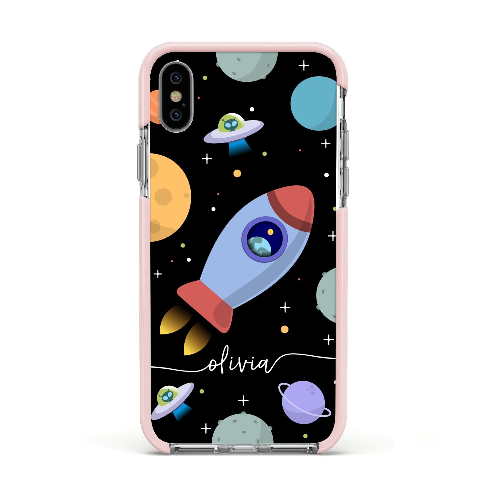 Fun Space Scene Artwork with Name Apple iPhone Xs Impact Case Pink Edge on Silver Phone