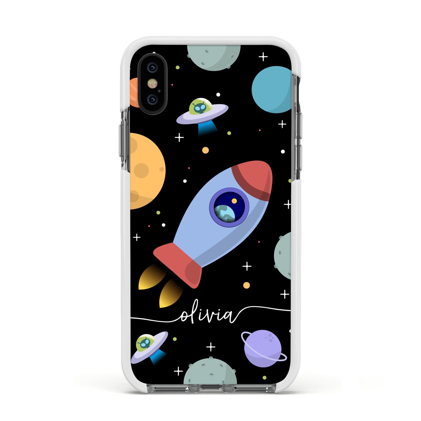 Fun Space Scene Artwork with Name Apple iPhone Xs Impact Case White Edge on Black Phone