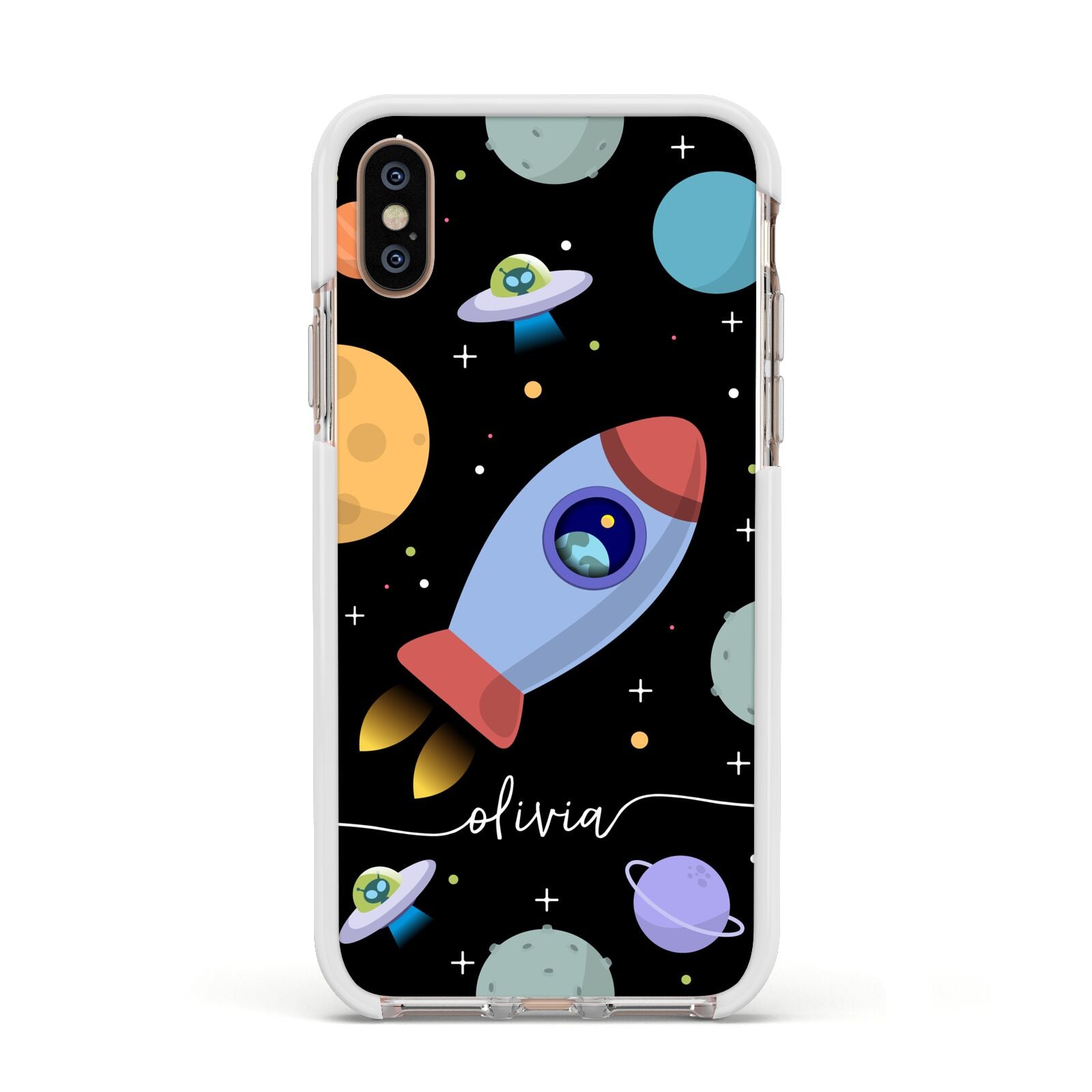 Fun Space Scene Artwork with Name Apple iPhone Xs Impact Case White Edge on Gold Phone