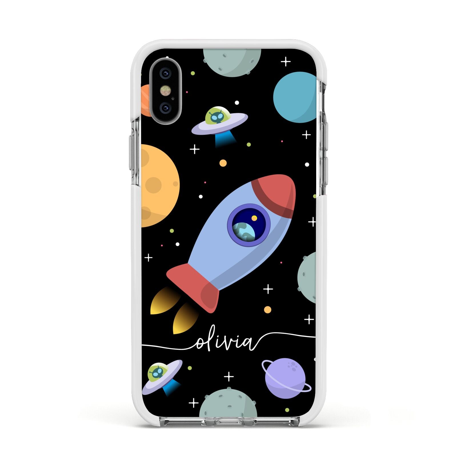 Fun Space Scene Artwork with Name Apple iPhone Xs Impact Case White Edge on Silver Phone