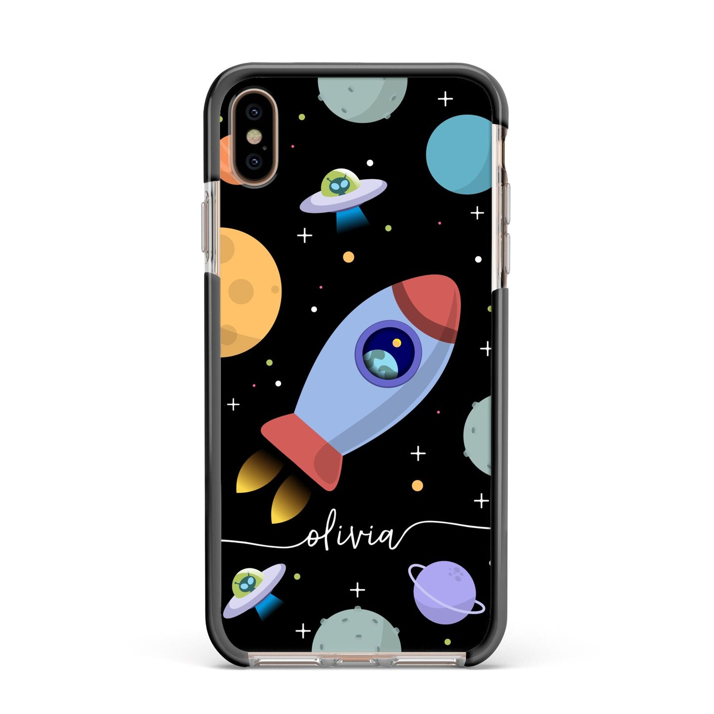 Fun Space Scene Artwork with Name Apple iPhone Xs Max Impact Case Black Edge on Gold Phone