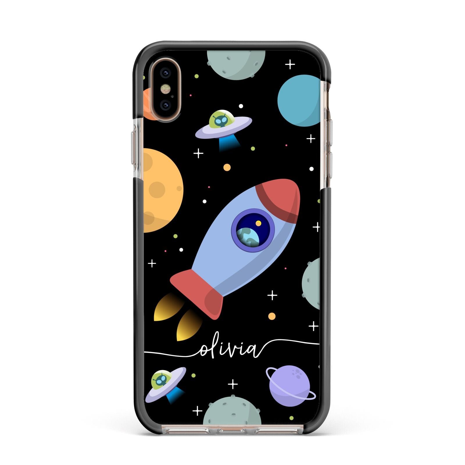 Fun Space Scene Artwork with Name Apple iPhone Xs Max Impact Case Black Edge on Gold Phone