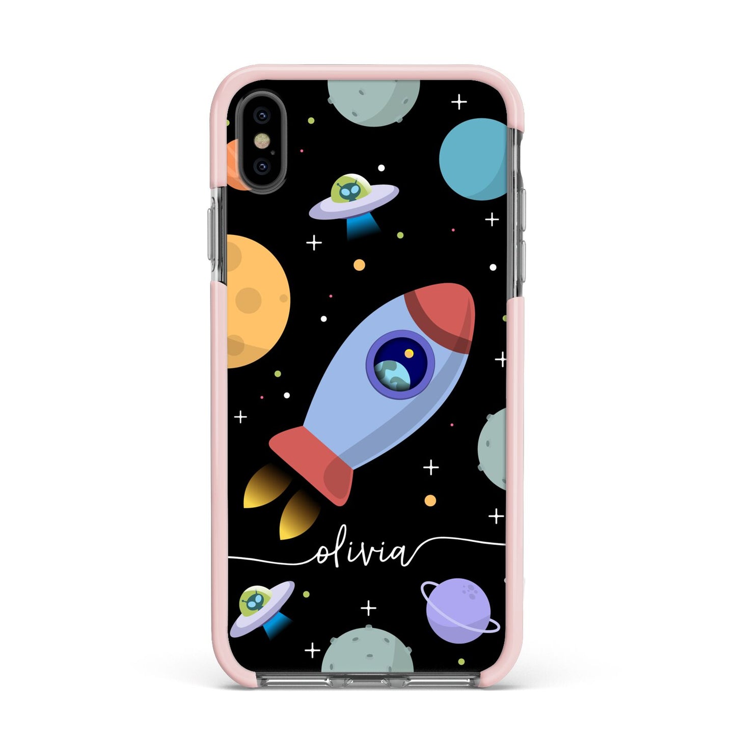 Fun Space Scene Artwork with Name Apple iPhone Xs Max Impact Case Pink Edge on Black Phone