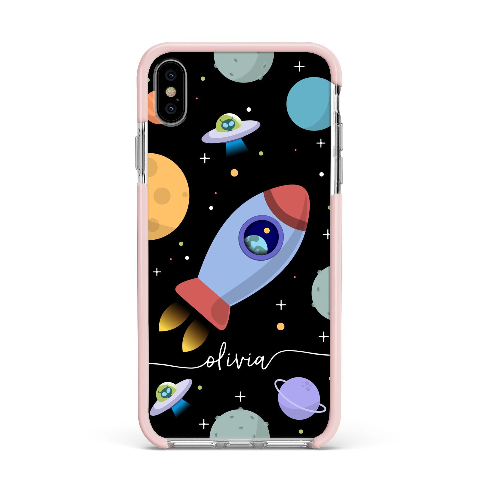 Fun Space Scene Artwork with Name Apple iPhone Xs Max Impact Case Pink Edge on Silver Phone