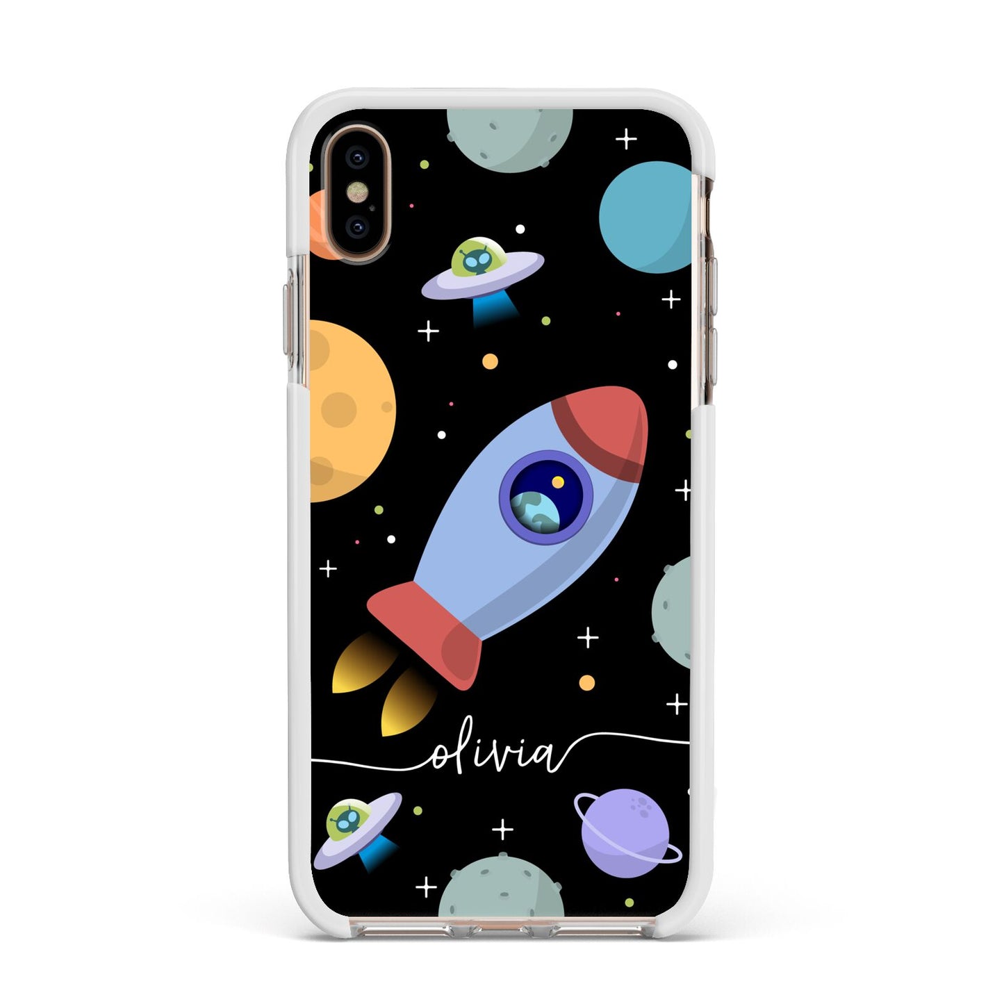 Fun Space Scene Artwork with Name Apple iPhone Xs Max Impact Case White Edge on Gold Phone