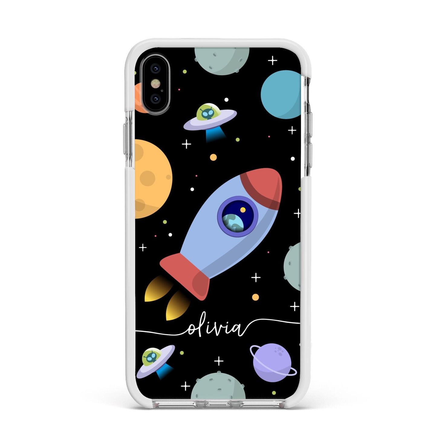 Fun Space Scene Artwork with Name Apple iPhone Xs Max Impact Case White Edge on Silver Phone