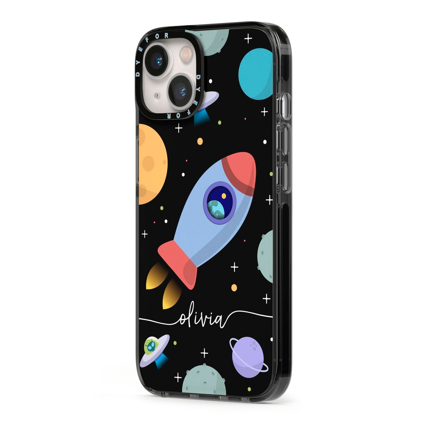 Fun Space Scene Artwork with Name iPhone 13 Black Impact Case Side Angle on Silver phone