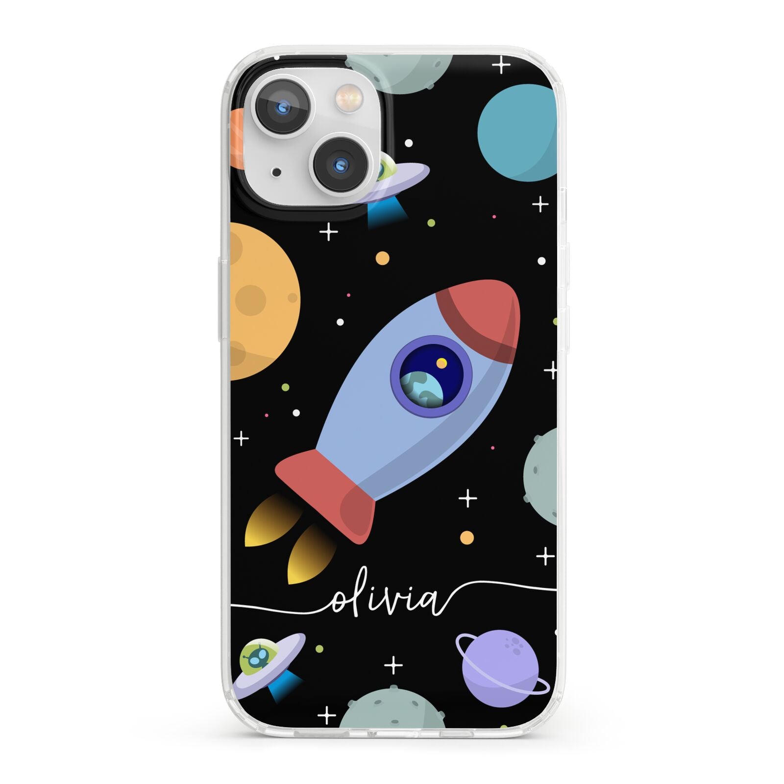 Fun Space Scene Artwork with Name iPhone 13 Clear Bumper Case