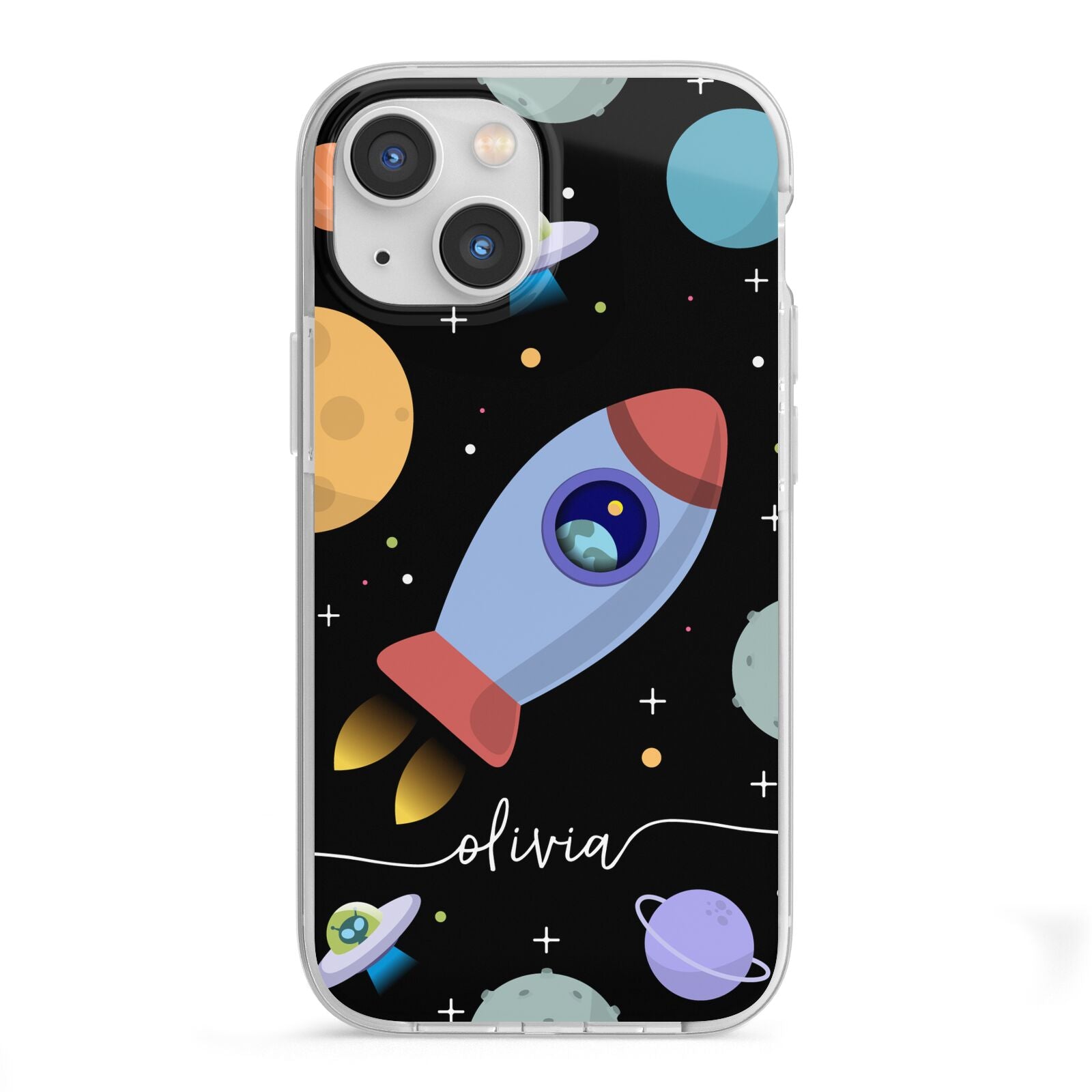 Fun Space Scene Artwork with Name iPhone 13 Mini TPU Impact Case with White Edges