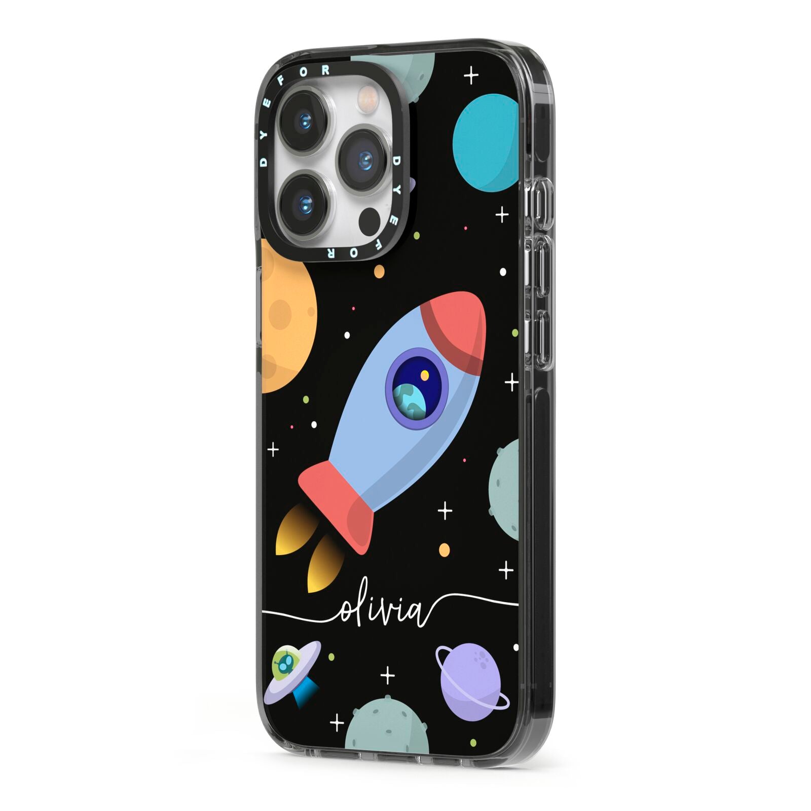 Fun Space Scene Artwork with Name iPhone 13 Pro Black Impact Case Side Angle on Silver phone