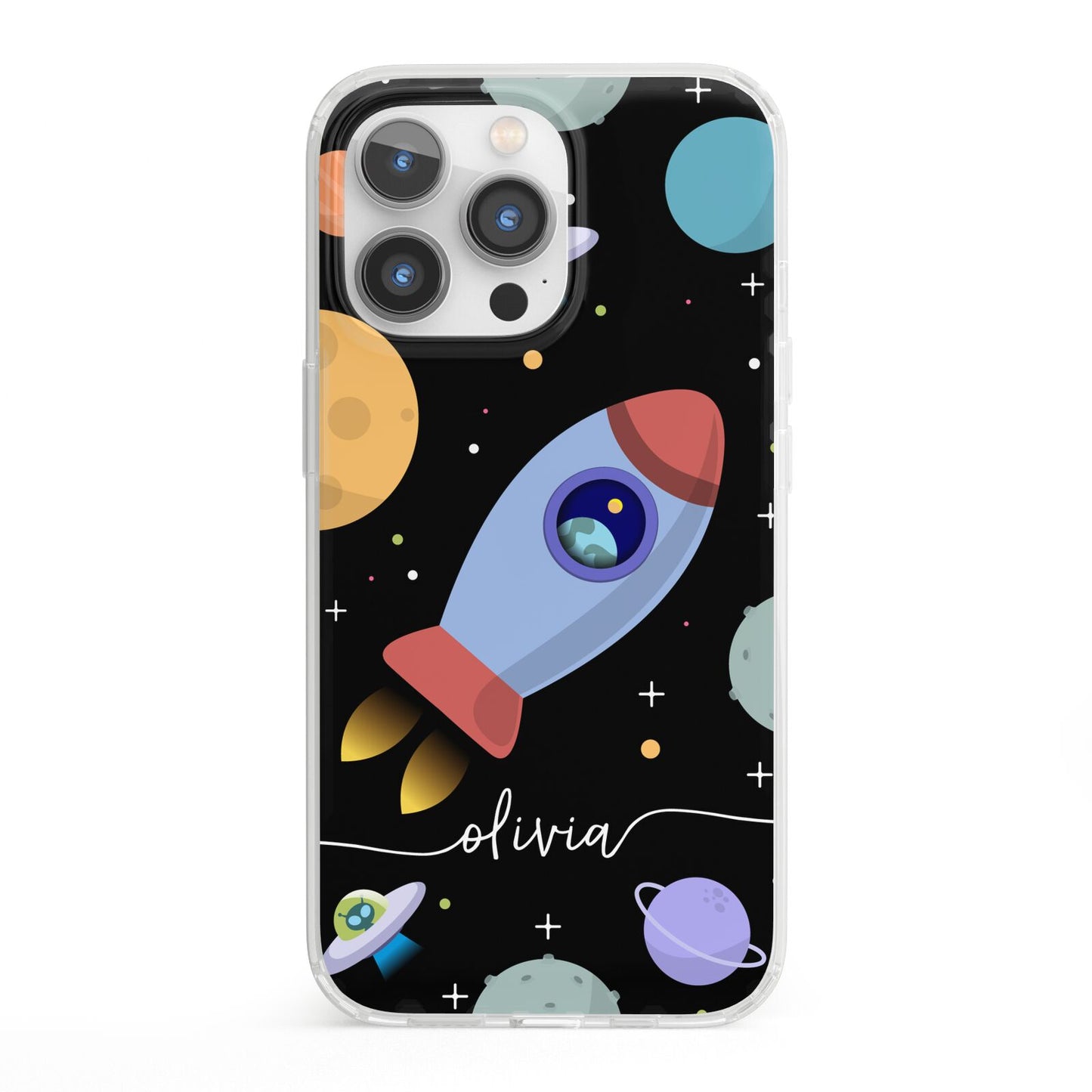 Fun Space Scene Artwork with Name iPhone 13 Pro Clear Bumper Case