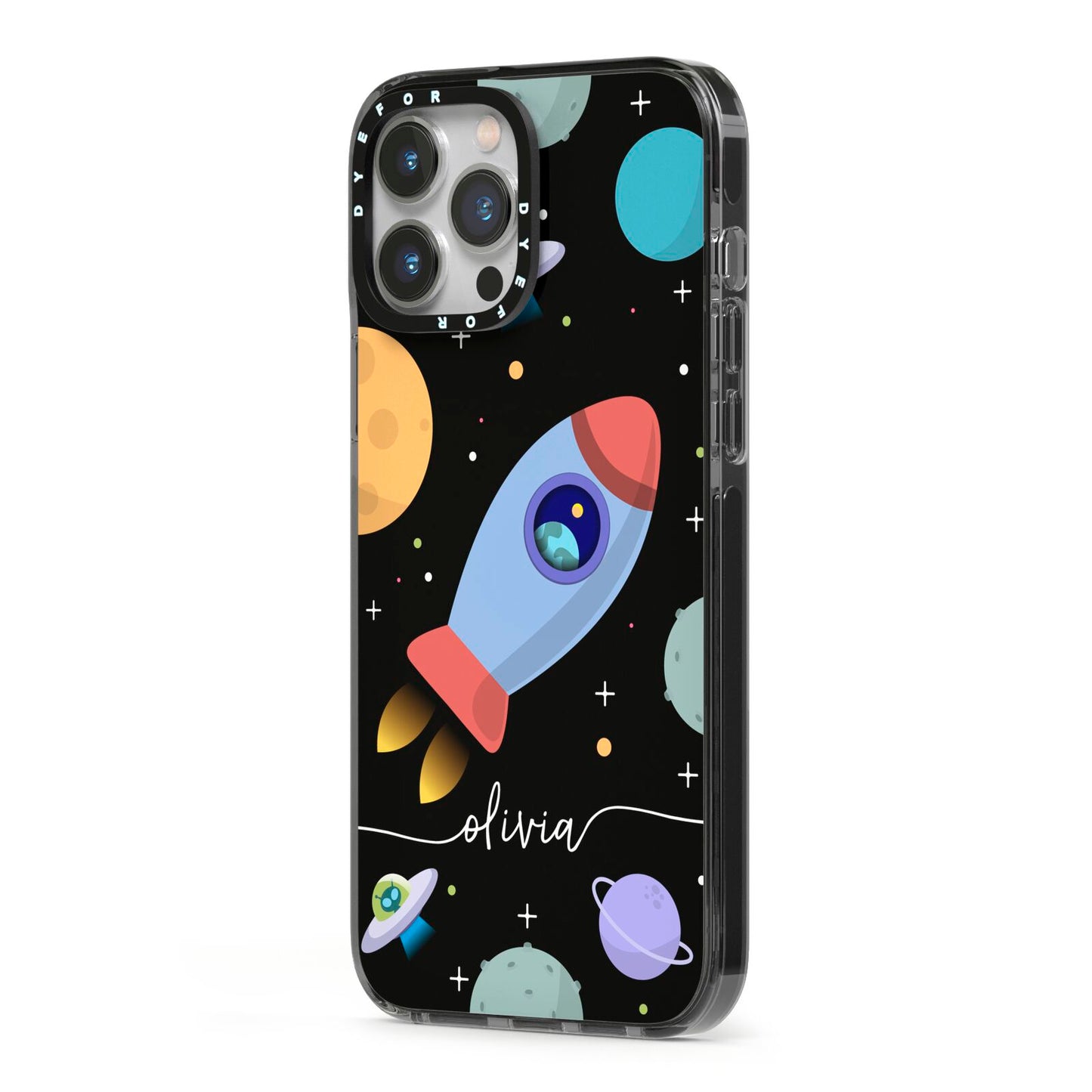 Fun Space Scene Artwork with Name iPhone 13 Pro Max Black Impact Case Side Angle on Silver phone