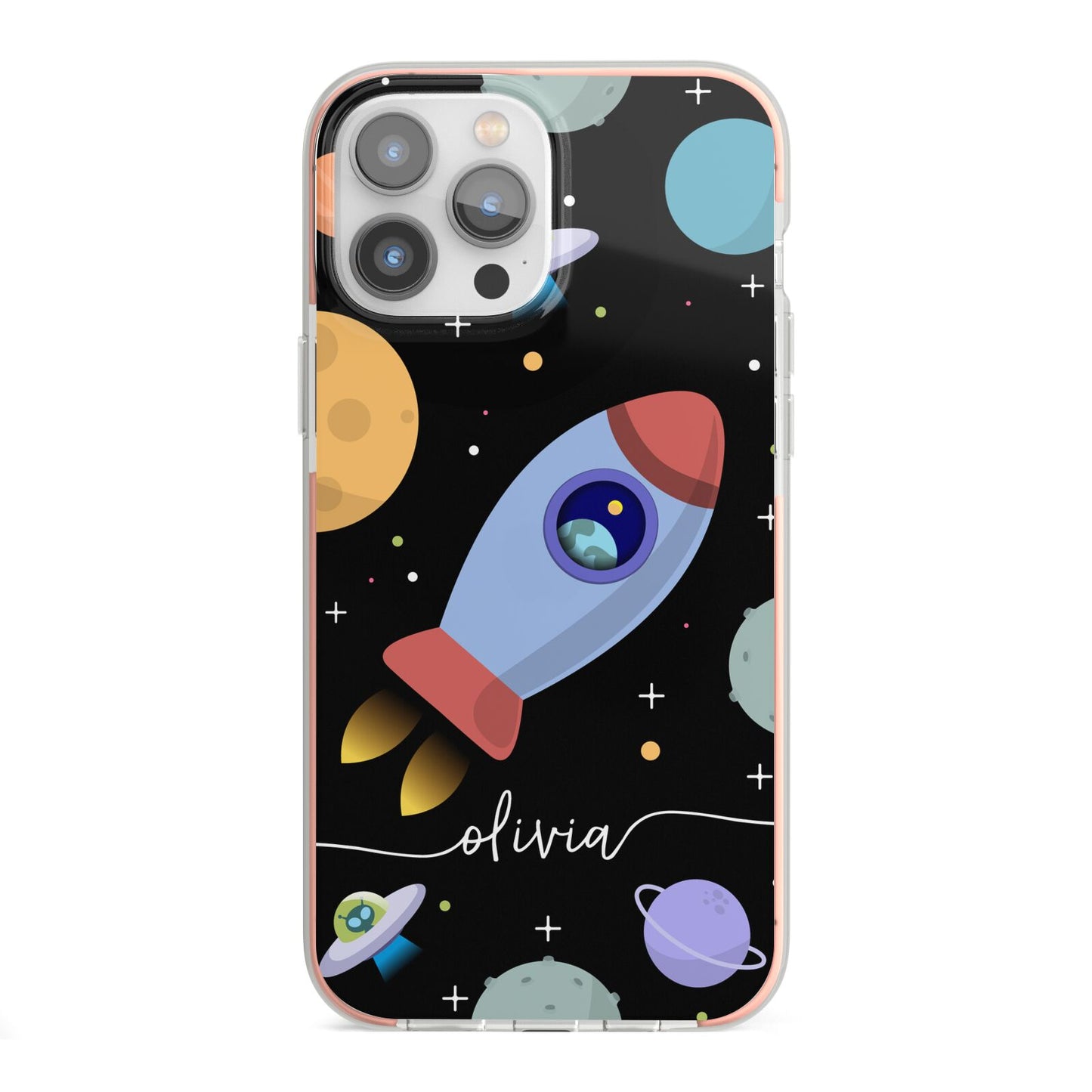 Fun Space Scene Artwork with Name iPhone 13 Pro Max TPU Impact Case with Pink Edges