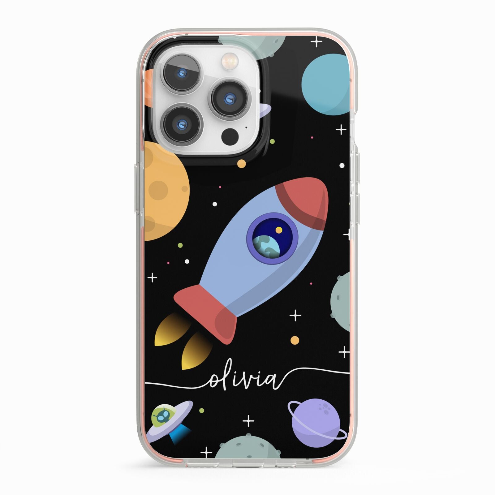 Fun Space Scene Artwork with Name iPhone 13 Pro TPU Impact Case with Pink Edges